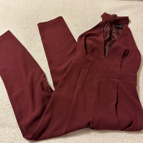 Topshop Plunge V Neck Maroon Jumpsuit Halter Sleeveless Straight Leg - Picture 2 of 11